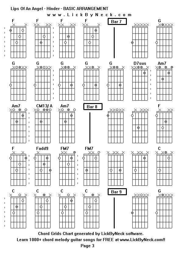 Chord Grids Chart of chord melody fingerstyle guitar song-Lips Of An Angel - Hinder - BASIC ARRANGEMENT,generated by LickByNeck software.